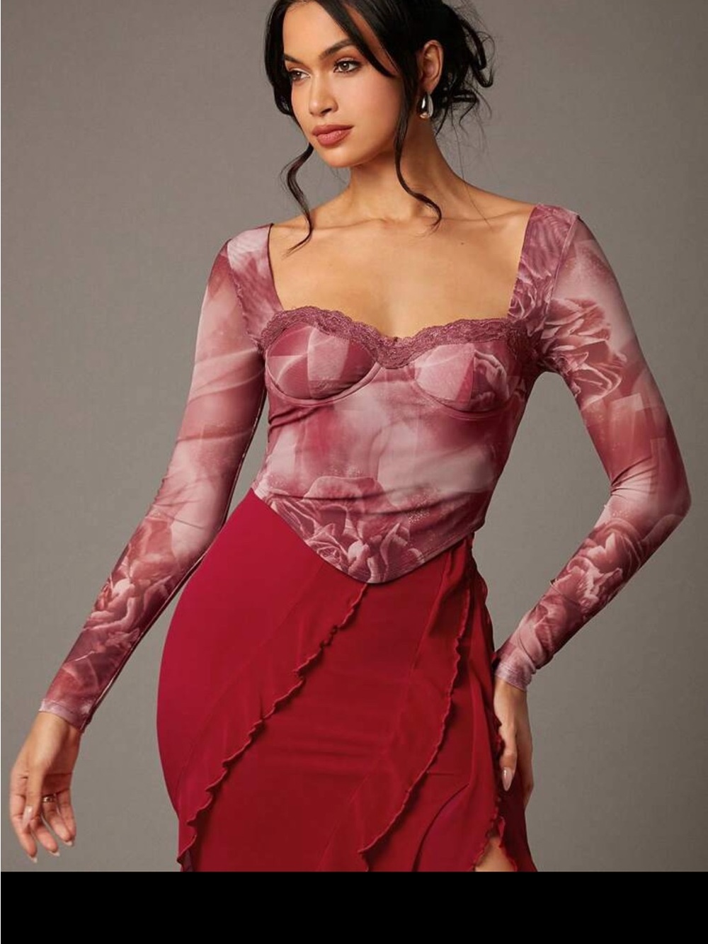 pink red floral rose mesh print long sleeve top